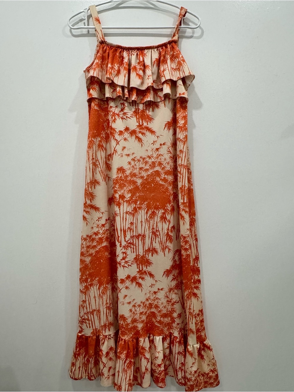 Women's Orange & Cream Tropical Bamboo Print Ruffle Maxi Dress | Summer Sundress